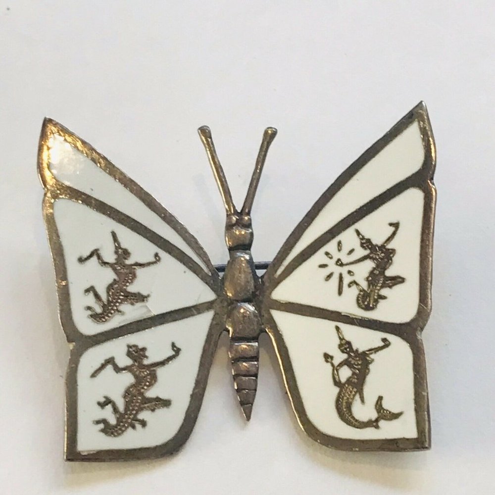 Siam Sterling silver Butterfly Goddess White Enamel Brooch Pin Niello Hindu